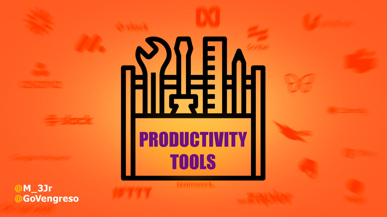 Illustration featuring a toolbox labeled "productivity toolkit" with tools like wrenches and screwdrivers emerging from it, set against a vibrant orange background with various abstract icons and symbols, alongside social media tags