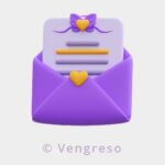 A purple envelope with a heart on it containing a happy holidays message.