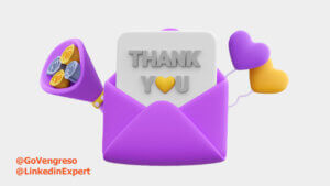 3d drawing of an envelope with a thank you note coming out and heart shaped balloons and a bouquet