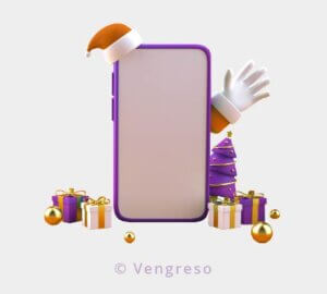a mobile phone with a Christmas hat and a hand waving surrounded by presents