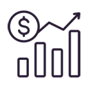 line drawing of a bar graph ascending with a dollar sign and an arrow going up