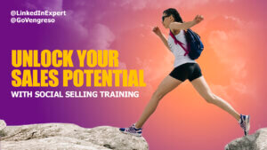 a woman in sporting outfit and glasses wearing a backpack striding on top of two boulders with the words unlock you sales potential with social selling training next to her