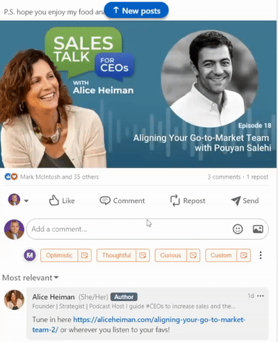 A sales talk with a woman and a man to generate LinkedIn comments.