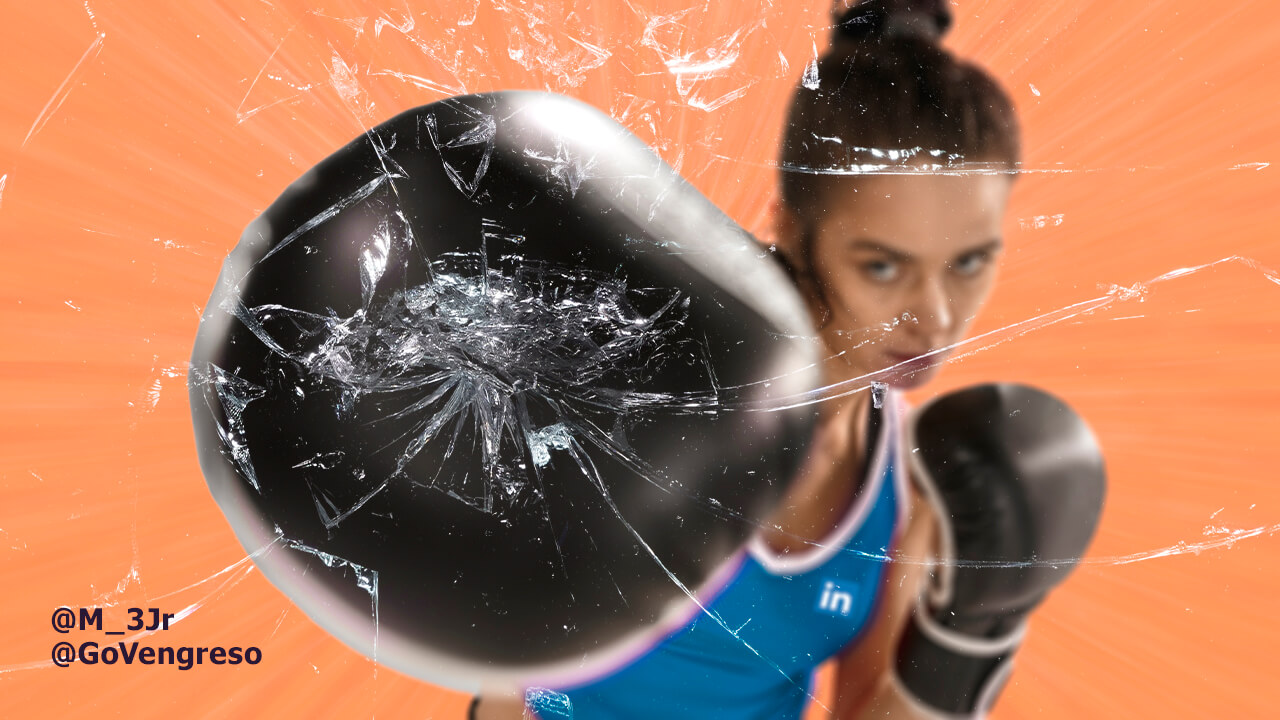 A woman with a broken boxing glove in front of an orange background shares her story on a LinkedIn post.