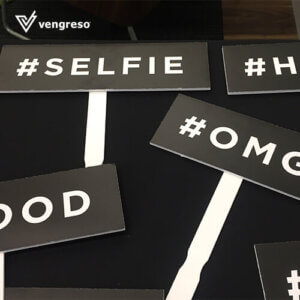 A group of signs with the words selfie oh and good on them captured for a LinkedIn post.