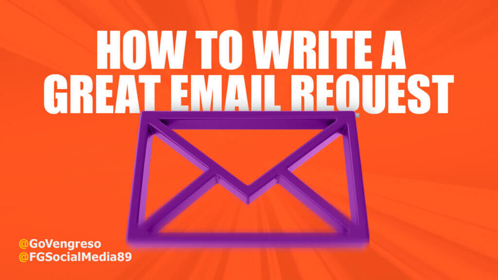 Graphic with tips on how to write email for requesting something, featuring a stylized envelope icon.