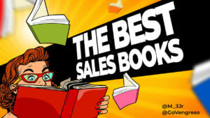 An illustrated woman with red hair and green glasses enthusiastically reads a large red book titled "the best sales books 2024." Other books fly around her against a vibrant yellow background with comic-style pop art