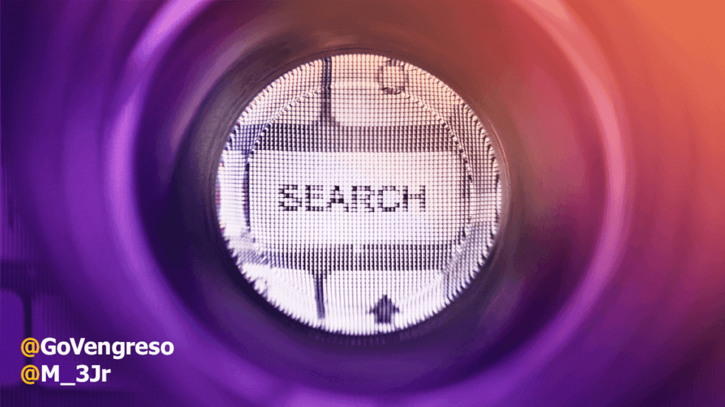A pixelated computer screen is viewed through a magnifying lens, focusing on the word "SEARCH" in the middle, reminiscent of a LinkedIn search bar. The lens creates a circular frame around the text. The image has a gradient overlay with shades of orange and purple. "@GoVengreso" and "@M_3Jr" are displayed at the bottom left corner.