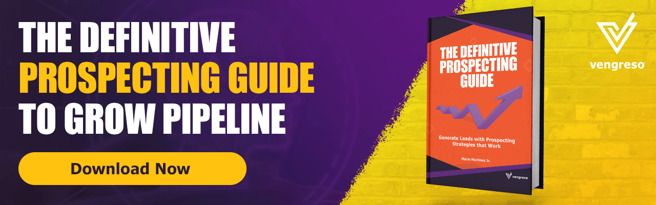 A digital banner with a purple and yellow background features a book titled "The Definitive Prospecting Guide" with a yellow call-to-action button that says "Download Now." The Vengreso logo is in the top right corner. Text on the left reads, "Cold Email: The Definitive Prospecting Guide to Grow Pipeline.