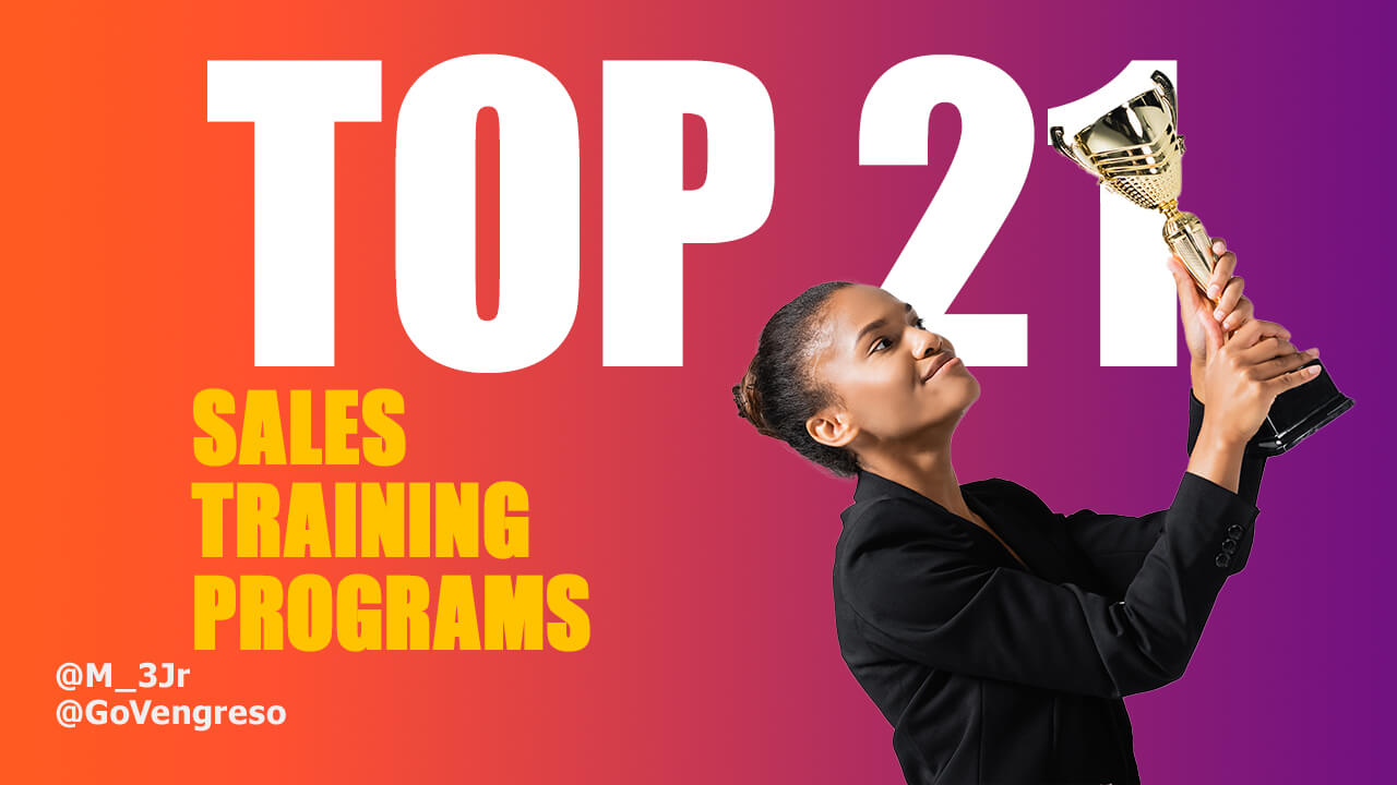 A confident woman in business attire proudly holds a trophy, symbolizing achievement in sales training as advertised by the vibrant text "top 21 sales training programs" by @m_3jr @goveng