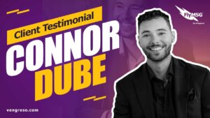 A promotional graphic featuring Connor Dube with a testimonial for FlyMSG by Vengreso, set against a vibrant purple backdrop, accentuating a productivity enhancement theme.