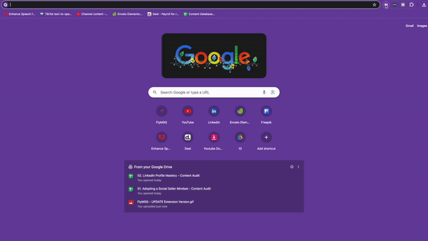 A browser window opens to the Google homepage, themed in dark mode with a dark purple background and colorful stars around the Google logo. The search bar is centered, with frequently visited site icons below it, and a section showing recently accessed Google Drive files. The screen's outline is also purple.