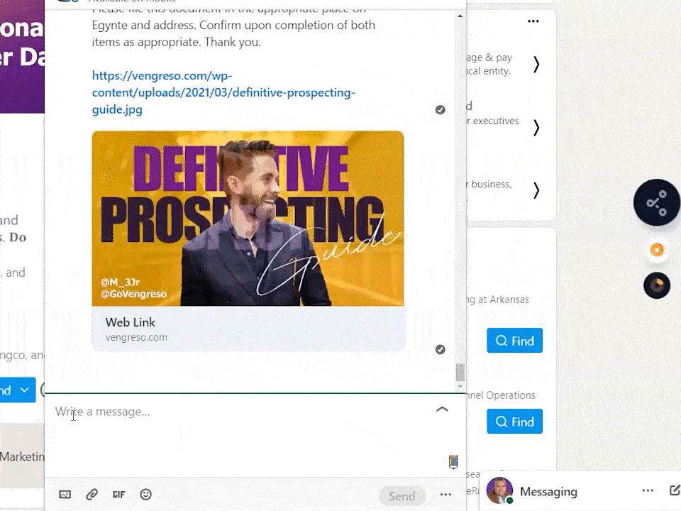 A computer screen displaying a messaging app with LinkedIn Messaging. The visible message includes a thumbnail of a guide titled "Definitive Prospecting Guide" featuring a smiling man. It contains a hyperlink to "https://vengreso.com/wp-content/upload/2021/03/definitive-prospecting-guide.jpg" and tags "@M_3tr @GoVengreso". The