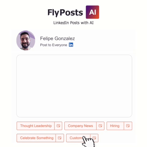 An animated image of a FlyPosts interface. At the top, there's a profile picture of Felipe Gonzalez with the option to post to everyone on LinkedIn. Below, a large text box is flanked by five buttons: Thought Leadership, Company News, Hiring, Celebrate Something, and Custom. A cursor clicks the Custom button using FlyPosts AI Social Post Generator.