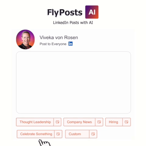A GIF of a FlyPosts AI interface for generating LinkedIn posts, now available in more than 39 languages. A smiling individual’s profile picture and name, "Viveka von Rosen," are shown. Below is a blank text box with a “Post to Everyone” label and LinkedIn logo. An animated cursor clicks on "Celebrate Something.