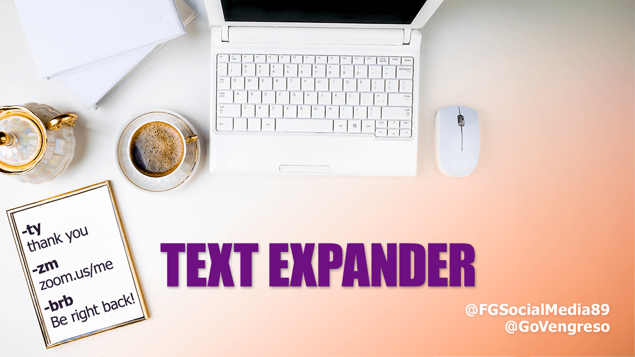 A top view of a workspace featuring a white laptop, a mouse, and a coffee cup beside a teapot. A notepad lists shortcuts like "-ty thank you," demonstrating the power of text expander apps. "TEXT EXPANDER" is prominently displayed in large purple letters, with social media handles at the bottom right.