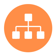 An orange circle contains a white network diagram, resembling AI-driven sales tools. The diagram has a central vertical line connecting three horizontal rectangles at the top and three at the bottom, representing a hierarchical structure or flowchart. The design is minimalistic and symmetrical.