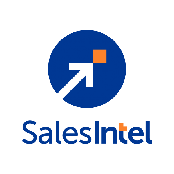 A blue circle containing a white arrow pointing upwards with an orange square at the tip, representing growth. Below the circle, "SalesIntel" is written in bold blue text with the letter "t" in orange, symbolizing advanced AI sales tools.