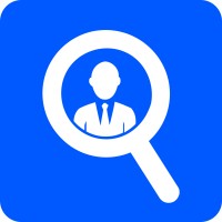 A blue square icon features a white magnifying glass symbol with a person wearing a suit and tie centered inside the circular lens area, representing sales tools. The person is depicted as a simple, white silhouette.