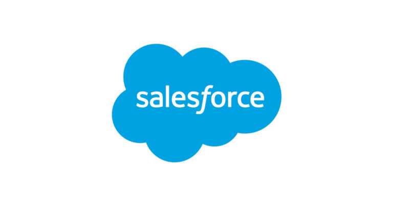 The image shows the Salesforce logo, which consists of the word "salesforce" in lowercase white letters centered inside a blue cloud shape. The background is white.