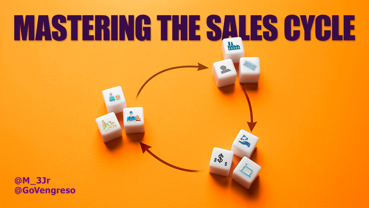 Image of white cubes with icons representing different stages of a sales cycle arranged in a circular flow on an orange background. Title text says "Mastering the Sales Cycle." Twitter handles @M_3Jr and @GoVengreso appear at the bottom. Arrows connect the cubes, illustrating progression.