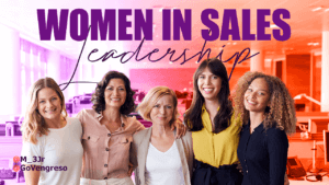 A group of five women stand closely together, smiling, in a modern office with desks and computers. Bold purple and black text above them reads "Women in Sales Leadership." In the bottom left corner, two Instagram handles appear: @M_3Jr and @GoVengreso. The background glows with purple and orange hues, embodying insights and inspiration.