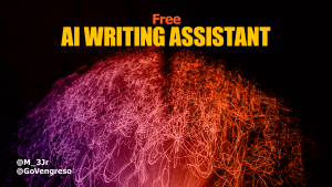 A dynamic, abstract display of vibrant light trails in shades of red, orange, and purple against a black background highlights the features of our AI Writing Assistant. The bold yellow and red text reads "Free AI Writing Assistant." Social media handles @M_3Jr_7 and @GoVengreso are in the bottom left corner.