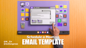 A hand interacts with a digital interface labeled "MAIL SERVICE," featuring an email template. Icons for email, video, and files are visible. The environment has a purple background and an orange striped surface. Text reads "Schedule a Meeting EMAIL TEMPLATE," with social media handles at the bottom left.