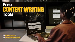 A person types on a laptop displaying free content writing tools, while a larger monitor shows a similar interface. Large yellow text reads "Free CONTENT WRITING Tools." Social media handles @GoVengreso and @FGSocialMedia89 are in the lower-left corner.