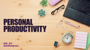 A wooden desk holds essentials: a laptop, black glasses, a green succulent, a pink pen, paper clips, an alarm clock, and a striped notebook. The phrase "PERSONAL PRODUCTIVITY" is boldly displayed on the left. Twitter handles @M_3Jr and @GoVengreso appear in purple at the bottom left.