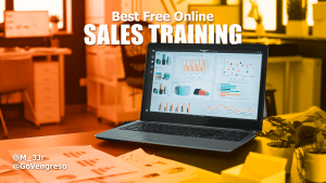A laptop showcasing dynamic charts and graphs sits on a desk in a brightly lit office. The overlay text declares "Boost Your Skills with Best Free Online Sales Training." Two Twitter handles, "@M_3Jr" and "@GoVengreso," appear in the bottom left corner.