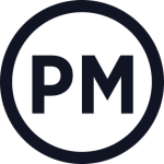 A bold, dark navy circle encloses the capital letters "PM" in a thick sans-serif font, evoking the strength and clarity of essential productivity tools. The transparent background makes the design stand out clearly.