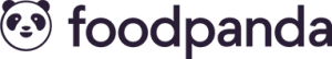 The image shows the Foodpanda logo, featuring a stylized panda face on the left and the word "foodpanda" written in lowercase on the right. The design is in a dark purple color on a transparent background.
