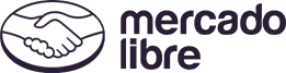 Logo of Mercado Libre featuring a dark purple icon of two hands shaking inside an oval shape on the left. The words "mercado libre" are in lowercase, dark purple, sans-serif font on the right. The design is minimalistic and modern.