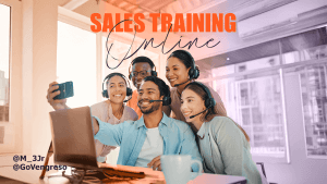 In a bright room, five diverse individuals wear headsets, taking a cheerful selfie with a smartphone. Laptops and coffee are on the table. The text "ONLINE SALES TRAINING" tops the image, with social media handles @M_3Jr and @GoVengreso at the bottom left.