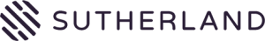 Logo featuring the word "Sutherland" in uppercase black letters. To the left of the text is an abstract design composed of several parallel black lines forming a stylized letter "S." The background is white.