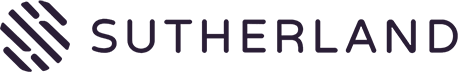 Logo featuring the word "Sutherland" in uppercase black letters. To the left of the text is an abstract design composed of several parallel black lines forming a stylized letter "S." The background is white.