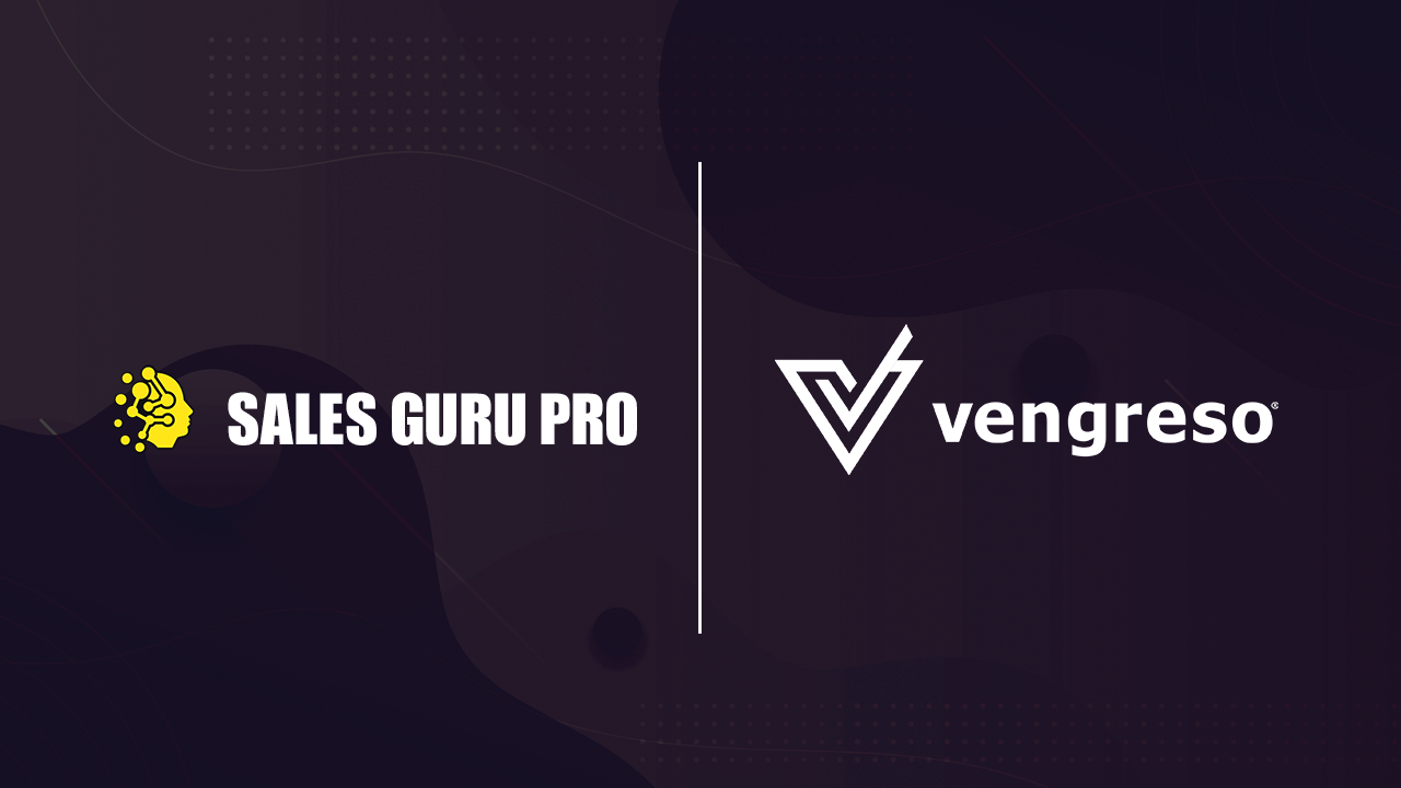 A dark background features the Sales Guru Pro logo and name on the left, with a yellow brain graphic, and the Vengreso logo and name on the right, with a white geometric "V." In the center, a vertical white line highlights FlyRoleplay AI Sales Roleplay.