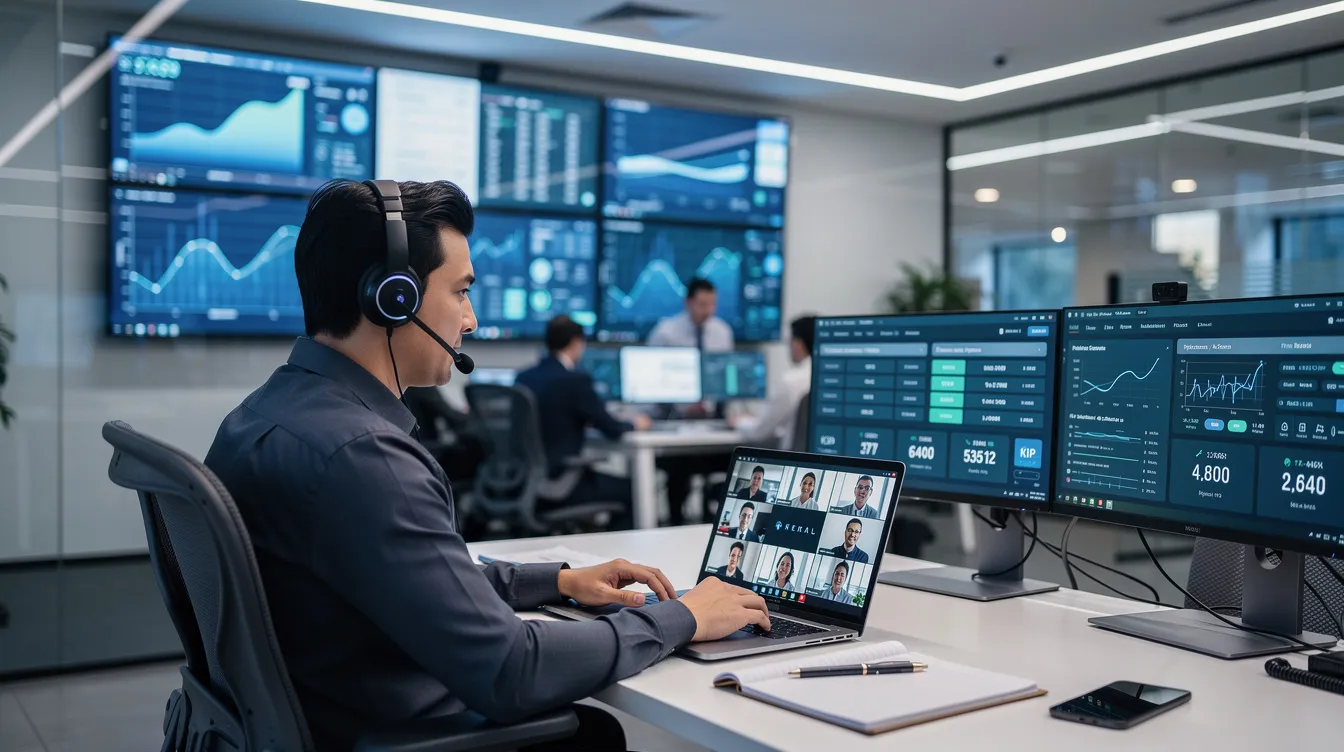 An inside sales representative is working from a modern revenue command center, equipped with a laptop, headset, and video call setup, effectively engaging with potential customers through virtual sales. This environment emphasizes the importance of customer relationship management and collaboration tools in building strong relationships and closing deals.