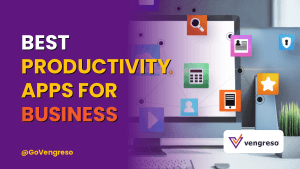 A digital graphic featuring the text "Best Productivity Apps for Business" in bold, colorful letters on a purple background, with app icons displayed on a desktop screen. Discover top business productivity apps for 2026. Vengreso logo and @GoVengreso handle are visible.