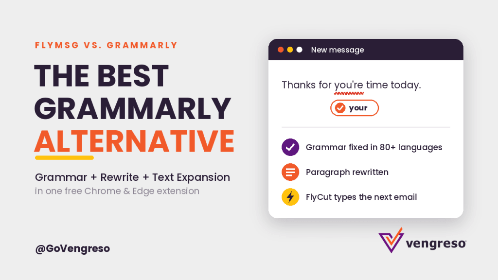 A promo image compares FLYMSG vs. Grammarly, highlighting “THE BEST GRAMMARLY ALTERNATIVE” with features: grammar checkers in 80+ languages, rewritten paragraphs, and automated typing. Includes Vengreso logo and social handle @GoVengreso.