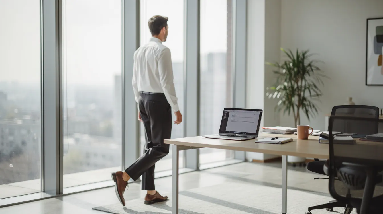 A person is stepping away from a laptop in a bright office, gazing out the window as they take a moment to reflect on their writing process. This scene captures a break from the editing process, emphasizing the importance of fresh eyes and clarity before finalizing a document.