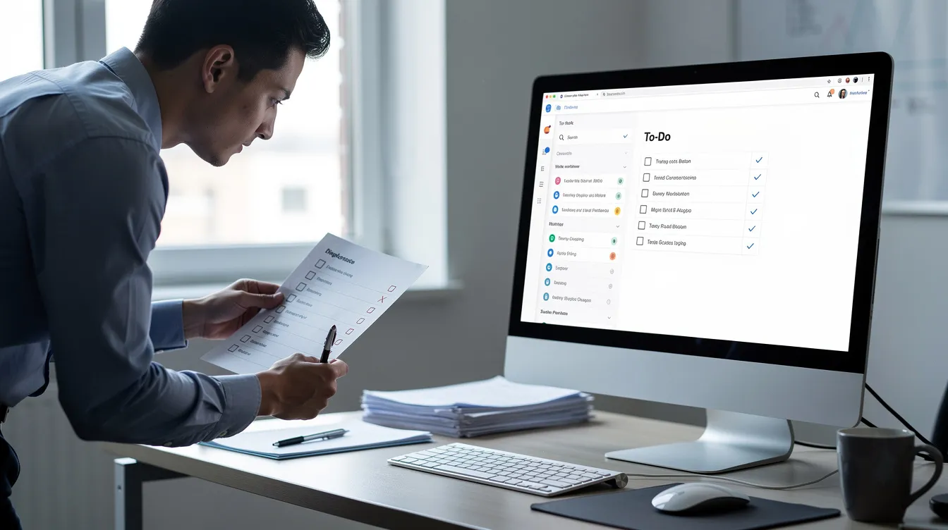 The image depicts a person intently reviewing a printed checklist for punctuation and spelling errors while seated next to a computer monitor. This scene illustrates the proofreading process, emphasizing the importance of identifying mistakes and ensuring clarity in written documents.