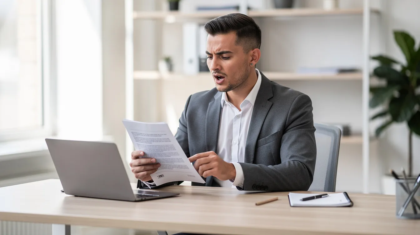 A professional is reading printed pages aloud at a clean office desk, focusing on the editing process to identify grammatical errors, spelling mistakes, and punctuation errors. The setting emphasizes clarity and concentration, essential for the proofreading tasks involved in refining the final draft of a document.